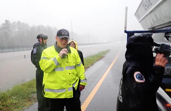 Emergency Worker with Radio during Hurrican Florence