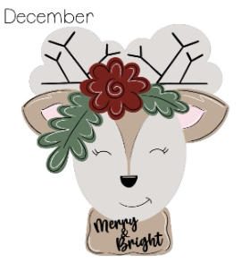 December door hanger, picture of reindeer with the saying "merry & bright"