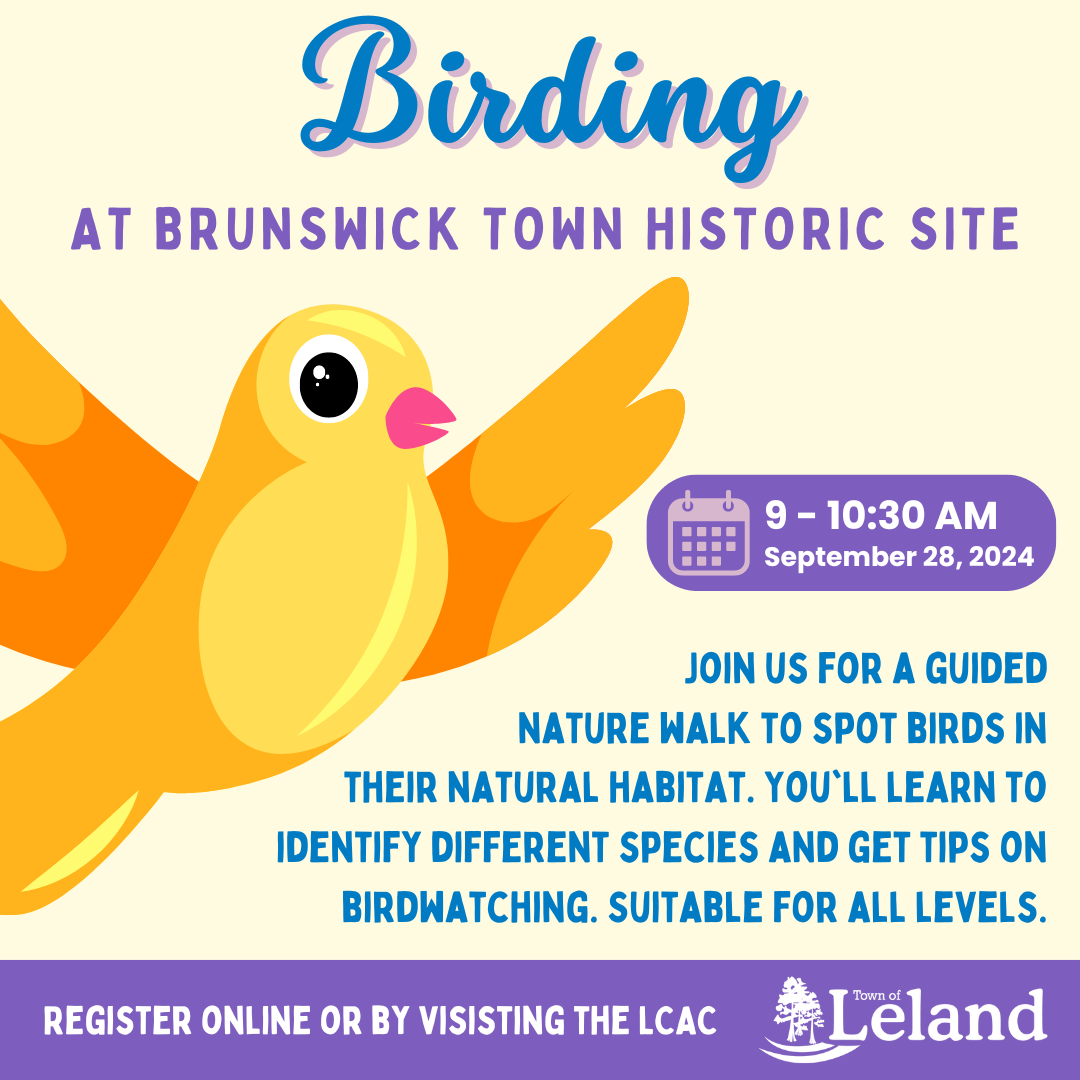 Graphic of bird with information about the birding program along with the time and date and how to register.